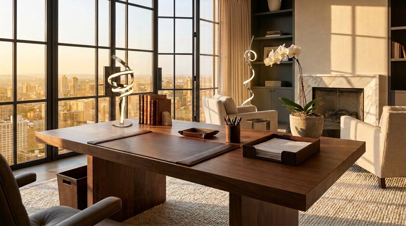 Luxury executive office with a coordinated leather desk set and modern chrome lamps